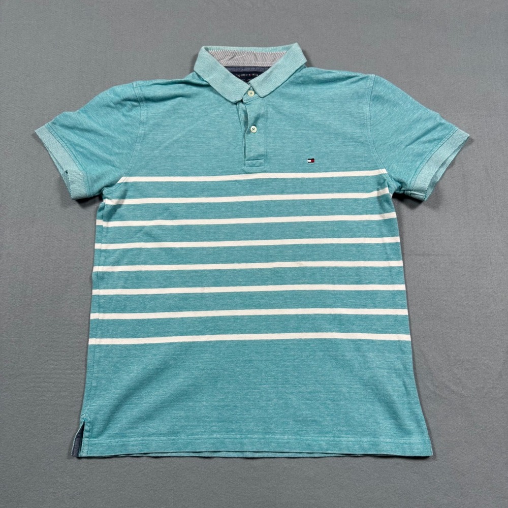 Tommy Hilfiger Mens Polo Shirt Large Teal Green White Striped Short Sleeve Logo